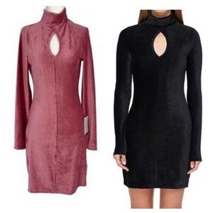 Dual Nature Mauve Keyhole Rib Velour Dress Mock Neck Long Sleeve Mini Dress XS